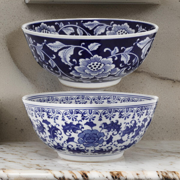 Round Ceramic Bowl with Floral Print, Set of 2, Blue And White,
