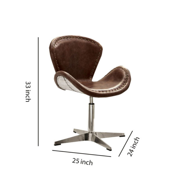 Retro Top Grain Leather Accent Chair with Swivel, Brown & Silver