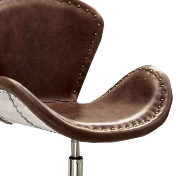 Retro Top Grain Leather Accent Chair with Swivel, Brown & Silver