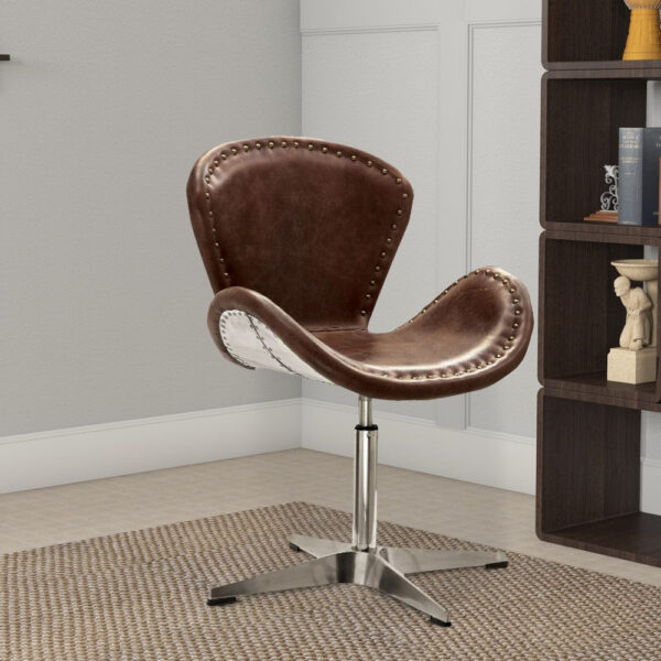 Retro Top Grain Leather Accent Chair with Swivel, Brown & Silver
