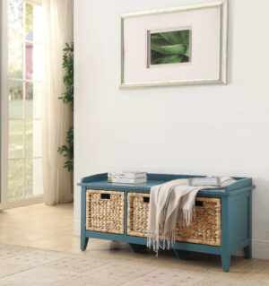 Rectangular Wooden Bench with Storage Basket, Blue