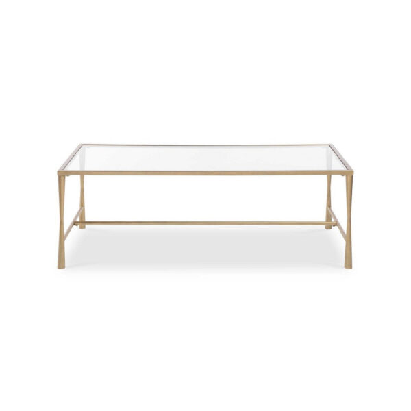 Ova Coffee Table, 47 Inch Rectangular Glass Top, Antique Gold Iron