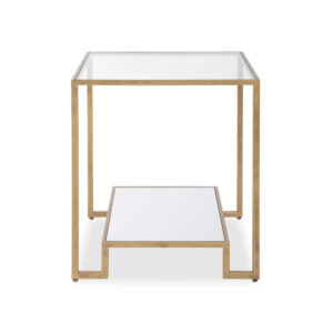 13022026698f0678ab01d.jpeg Kix Side End Table, 20 Inch Square Glass Top, Open Shelf, Antique Gold
