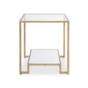 Kix Side End Table, 20 Inch Square Glass Top, Open Shelf, Antique Gold