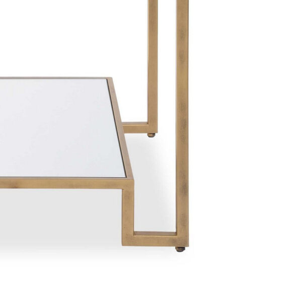 Kix Side End Table, 20 Inch Square Glass Top, Open Shelf, Antique Gold