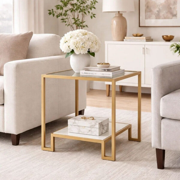 Kix Side End Table, 20 Inch Square Glass Top, Open Shelf, Antique Gold