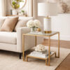 Kix Side End Table, 20 Inch Square Glass Top, Open Shelf, Antique Gold