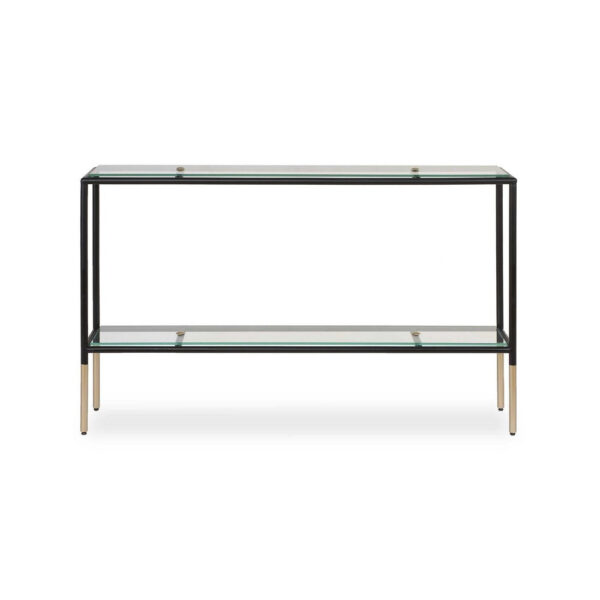Beny Sofa Console Table, 48 Inch Glass Top, 1 Shelf, Modern Black Iron