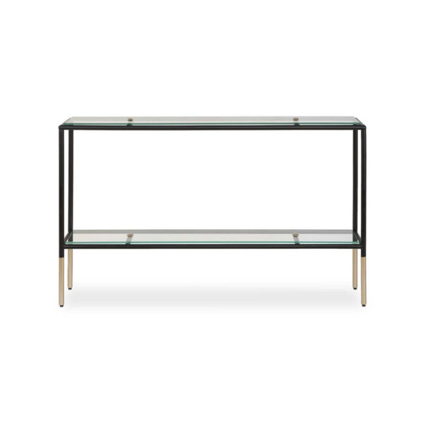 Beny Sofa Console Table, 48 Inch Glass Top, 1 Shelf, Modern Black Iron