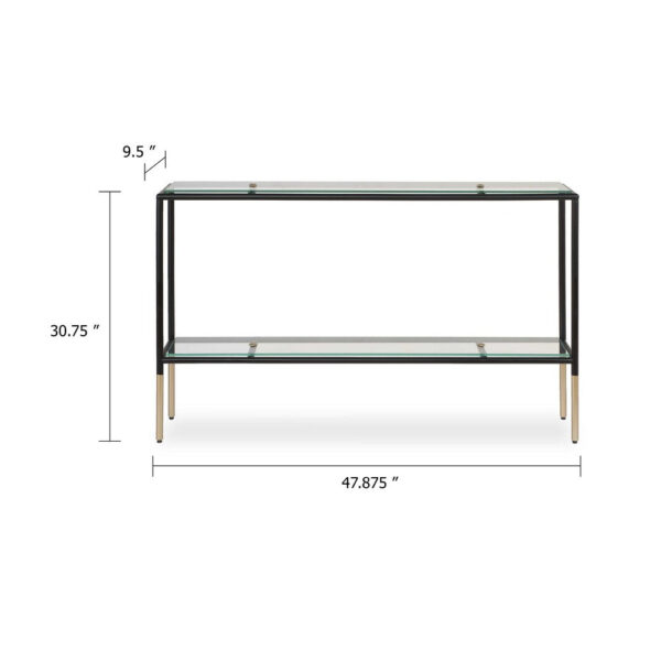Beny Sofa Console Table, 48 Inch Glass Top, 1 Shelf, Modern Black Iron