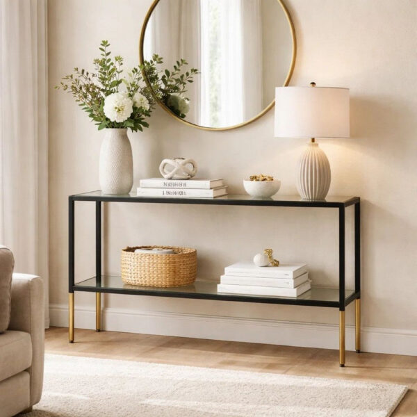 Beny Sofa Console Table, 48 Inch Glass Top, 1 Shelf, Modern Black Iron