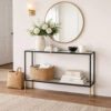 Beny Sofa Console Table, 48 Inch Glass Top, 1 Shelf, Modern Black Iron