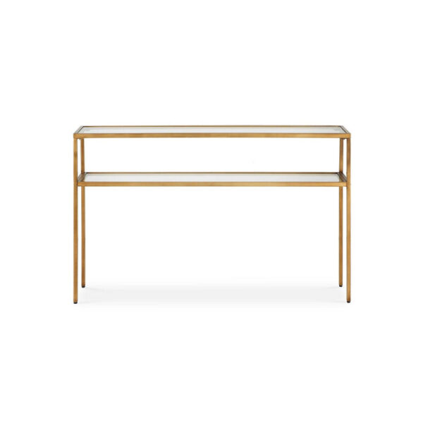 13022026698f069d8296c.jpeg Ted Sofa Console Table w Open Shelf, 48 Inch Glass Top, Gold Iron