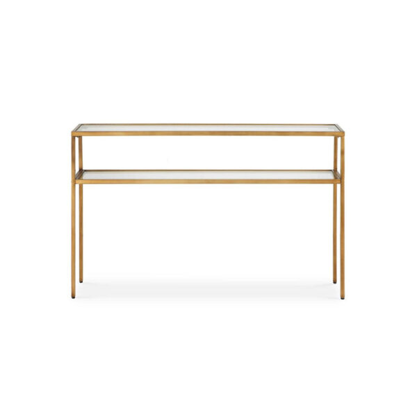13022026698f069ecb35e.jpeg Ted Sofa Console Table w Open Shelf, 48 Inch Glass Top, Gold Iron