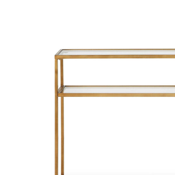13022026698f06a16c507.jpeg Ted Sofa Console Table w Open Shelf, 48 Inch Glass Top, Gold Iron
