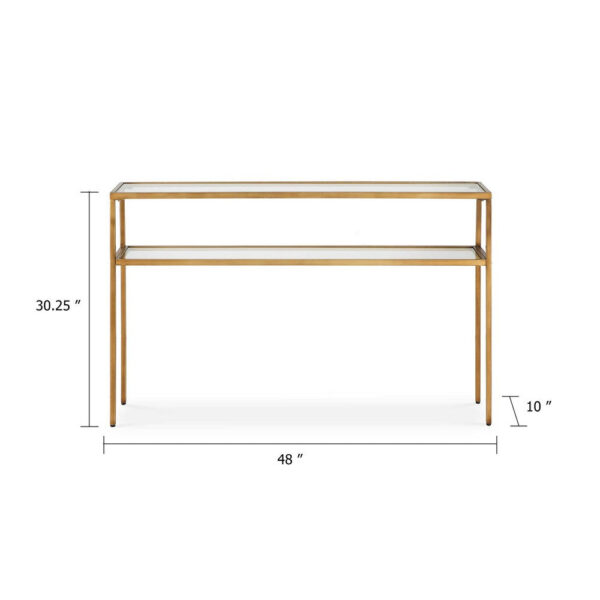13022026698f06a377625.jpeg Ted Sofa Console Table w Open Shelf, 48 Inch Glass Top, Gold Iron