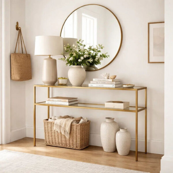 13022026698f06a52e37d.jpeg Ted Sofa Console Table w Open Shelf, 48 Inch Glass Top, Gold Iron