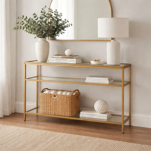 13022026698f06a694ebb.jpeg Ted Sofa Console Table w Open Shelf, 48 Inch Glass Top, Gold Iron