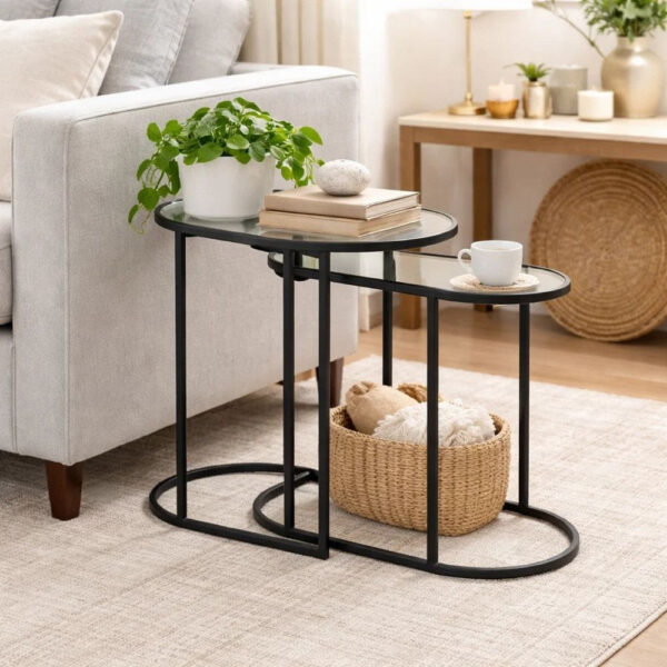 Valo 2pc Nesting Accent Table Set, Glass Oval Top, Retro Matte Black
