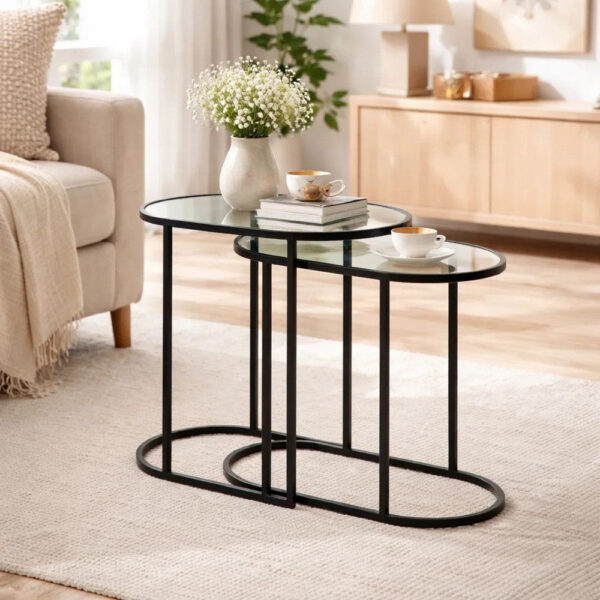 Valo 2pc Nesting Accent Table Set, Glass Oval Top, Retro Matte Black