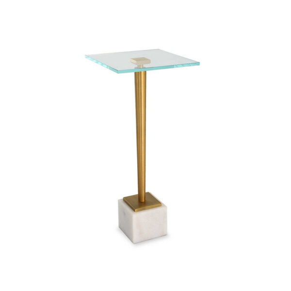 Lemy Accent Table, 11 Inch Square Glass Top, White Marble, Retro Brass