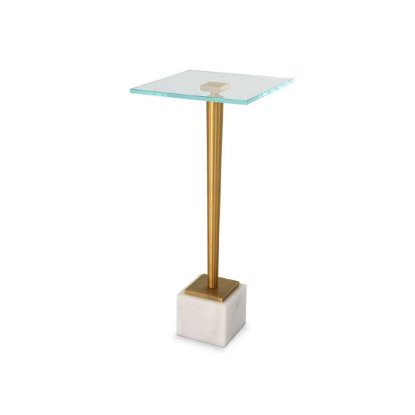 Lemy Accent Table, 11 Inch Square Glass Top, White Marble, Retro Brass