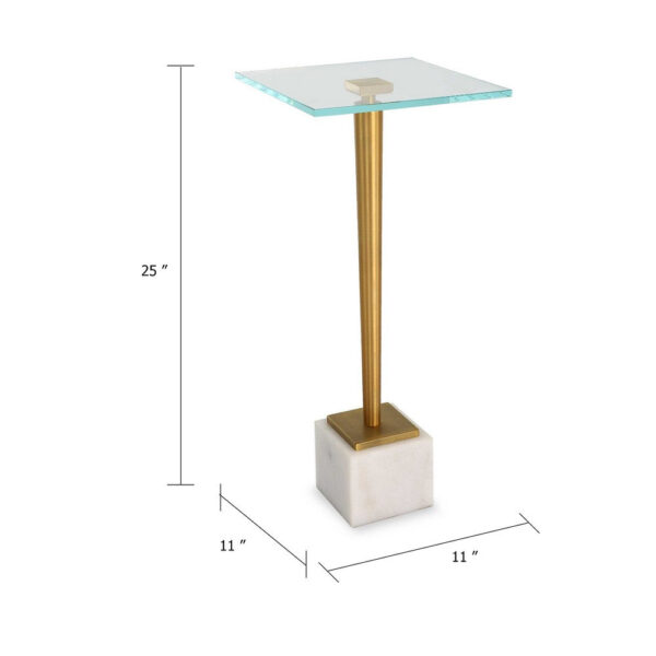 Lemy Accent Table, 11 Inch Square Glass Top, White Marble, Retro Brass