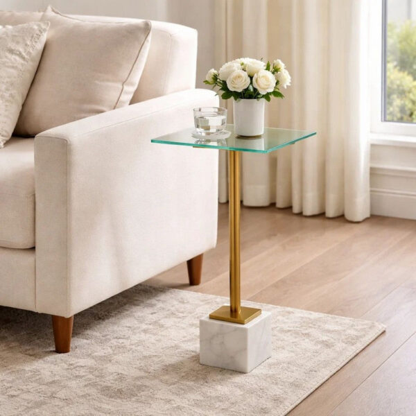 Lemy Accent Table, 11 Inch Square Glass Top, White Marble, Retro Brass