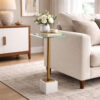 Lemy Accent Table, 11 Inch Square Glass Top, White Marble, Retro Brass