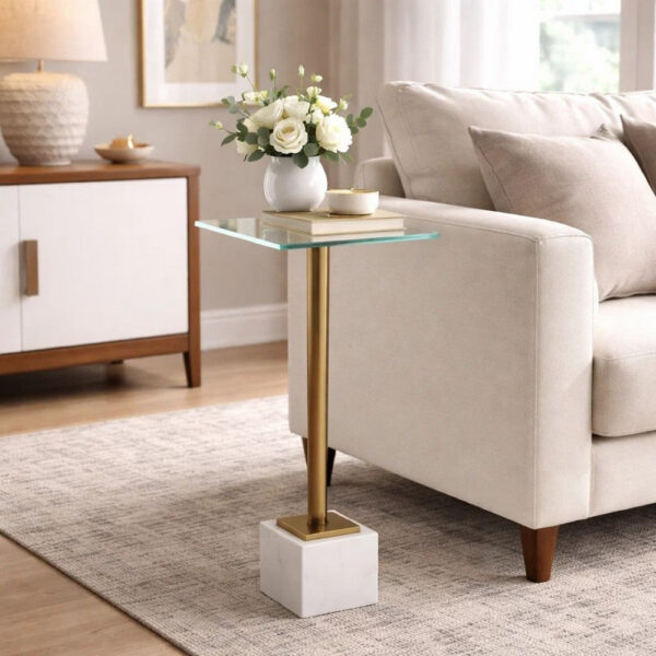 Lemy Accent Table, 11 Inch Square Glass Top, White Marble, Retro Brass