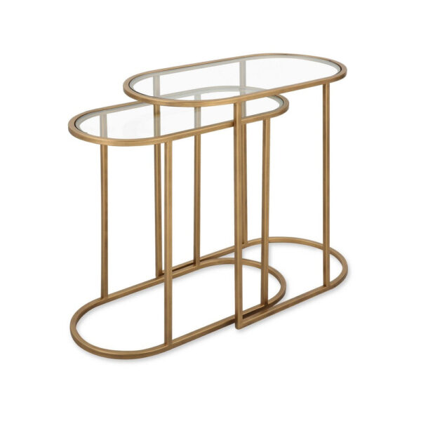 Valo 2pc Nesting Accent Table Set, Retro Glass Oval Top, Antique Brass