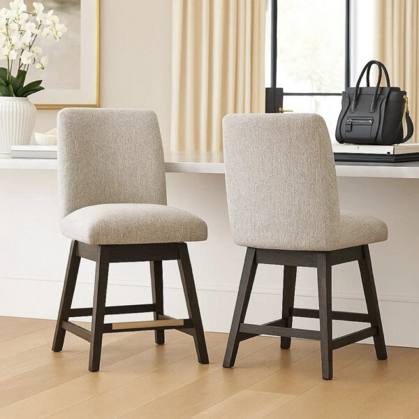 Haus Swivel Counter Height Chair Set of 2, Beige Foam Seats, Dark Brown