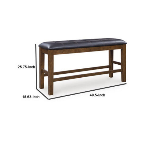 Raly Counter Height Bench, 50 Inch Black Faux Leather Padded, Brown Wood