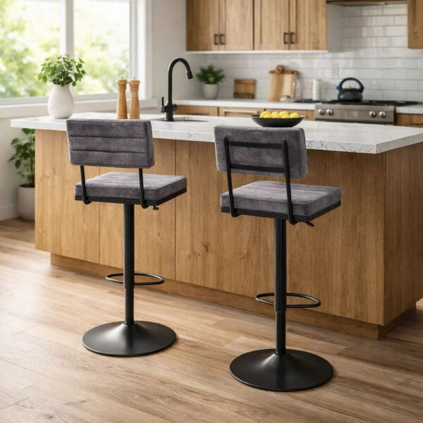 Mya Swivel Barstool Set of 2, Gray Faux Leather, 22-31 Adjustable Height
