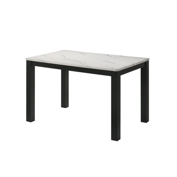 Syon Dining Table, 47 Inch White Faux Marble Top, Black Wood Legs