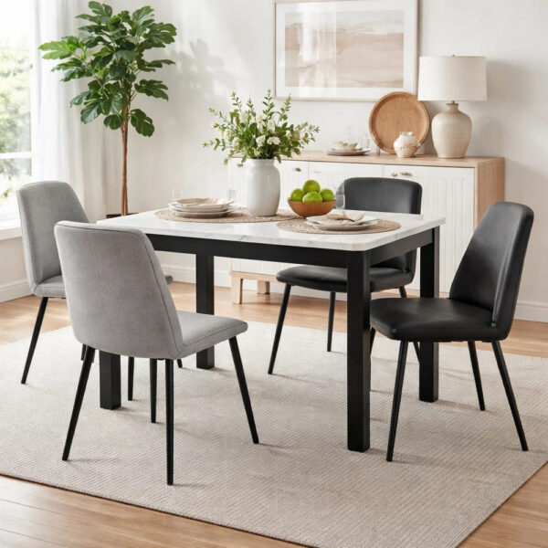 Syon Dining Table, 47 Inch White Faux Marble Top, Black Wood Legs