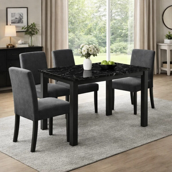 Syon Dining Table, 47 Inch Black Faux Marble Top, Black Wood Legs