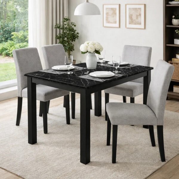 Syon Dining Table, 47 Inch Black Faux Marble Top, Black Wood Legs