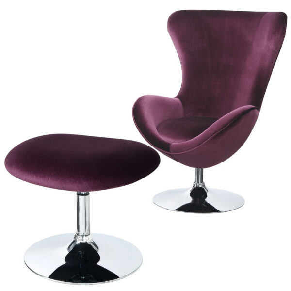 Fabric Curved Design Chair with Ottoman and Tubular Base, Set of 2, Purple