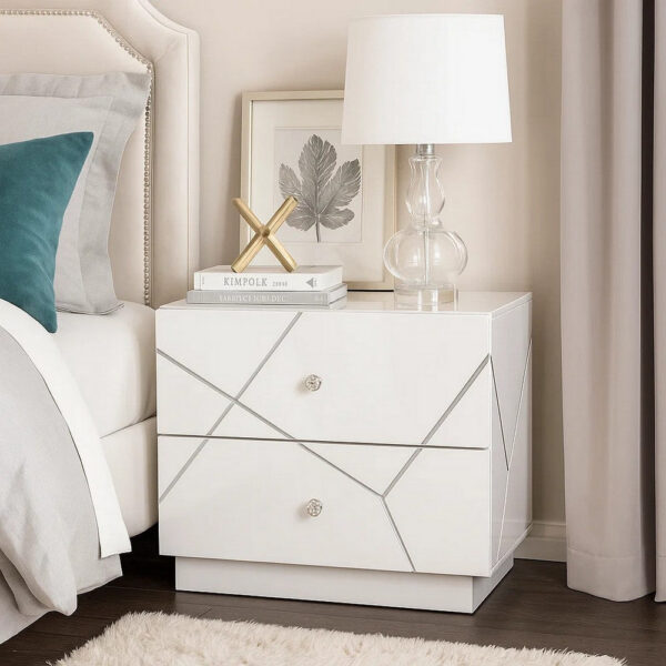 13022026698f07f32e6fc.jpeg Esy Nightstand, 2 Drawers with Crystal Knobs, White Carved Pattern