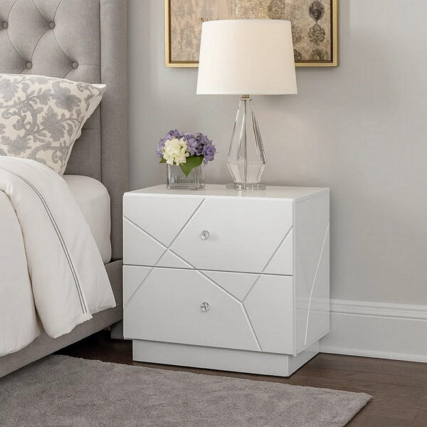 13022026698f07f4d7ed0.jpeg Esy Nightstand, 2 Drawers with Crystal Knobs, White Carved Pattern