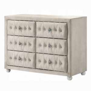 Rex 40 Inch Wide Dresser, 6 Drawers, Crystal Tufted Beige Upholstery