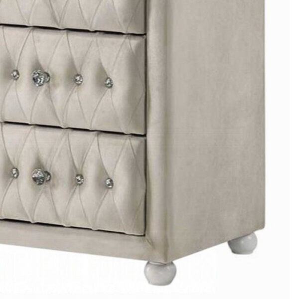 Rex 40 Inch Wide Dresser, 6 Drawers, Crystal Tufted Beige Upholstery