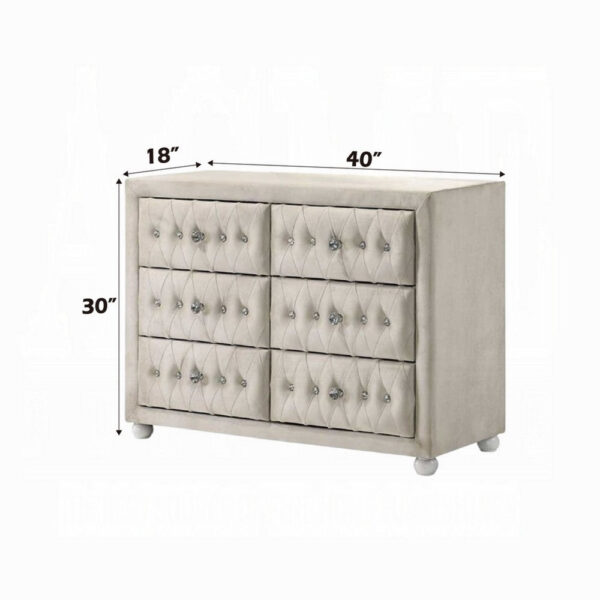 Rex 40 Inch Wide Dresser, 6 Drawers, Crystal Tufted Beige Upholstery
