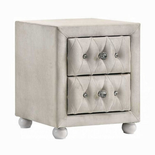 13022026698f080f451cb.jpeg Rex Nightstand, 2 Drawers, Classic Crystal Tufted Beige Upholstery