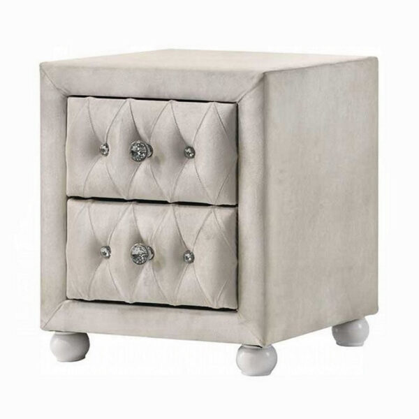 13022026698f08122d1a7.jpeg Rex Nightstand, 2 Drawers, Classic Crystal Tufted Beige Upholstery