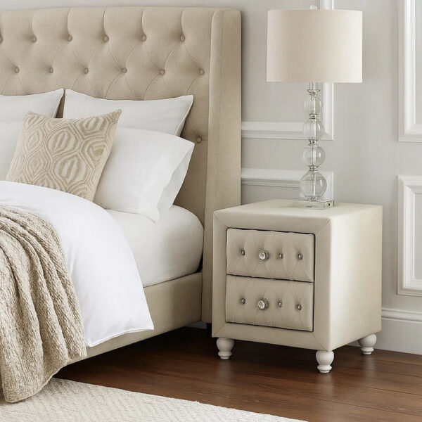 13022026698f0818a80bf.jpeg Rex Nightstand, 2 Drawers, Classic Crystal Tufted Beige Upholstery