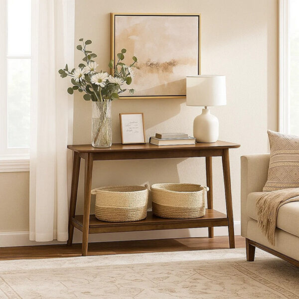 Fexy Sofa Console Table, 48 Inch Top with Lower Shelf, Walnut Brown