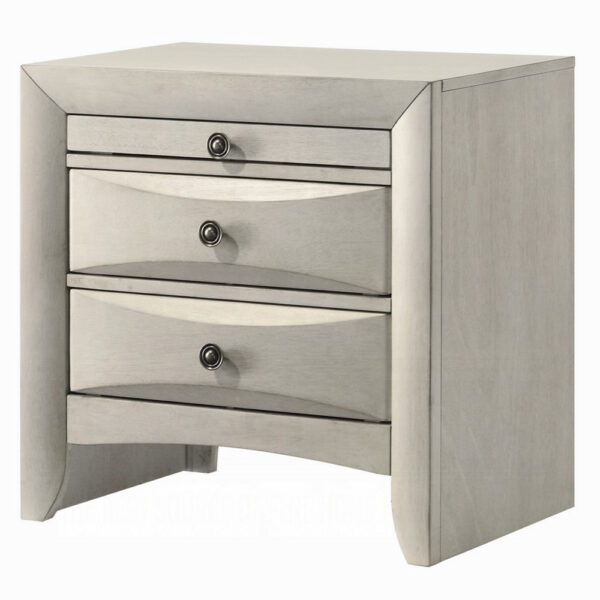 Remy Nightstand, 3 Contemporary Faceted Drawers, Antique White Finish