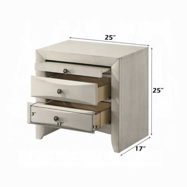 Remy Nightstand, 3 Contemporary Faceted Drawers, Antique White Finish